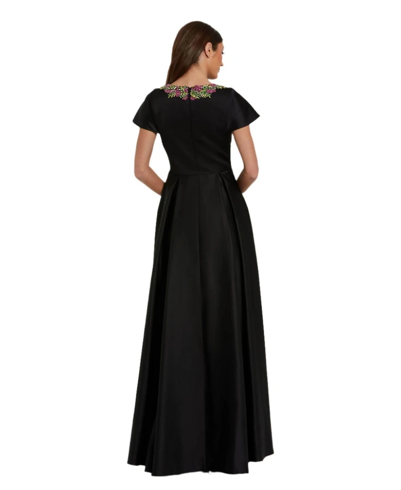 Women's Satin Flutter Sleeve Gown With Neckline Beading