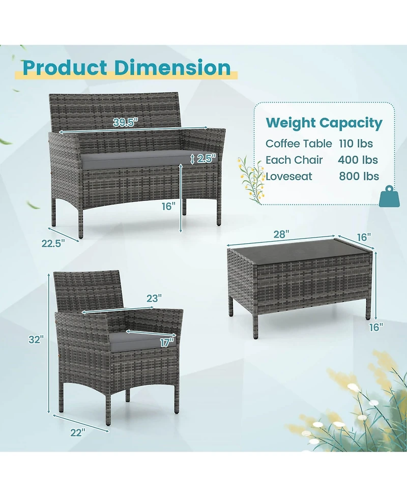 Pcs Patio Furniture Set with Washable Cushions and Tempered Glass Coffee Table
