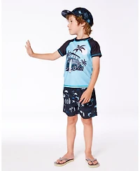 Boy Printed Swim Trunks Light Blue Beach On Black - Toddler|Child