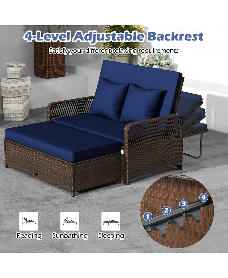 Patio Adjustable Wicker Daybed with 4-Level Backrest and Soft Cushions