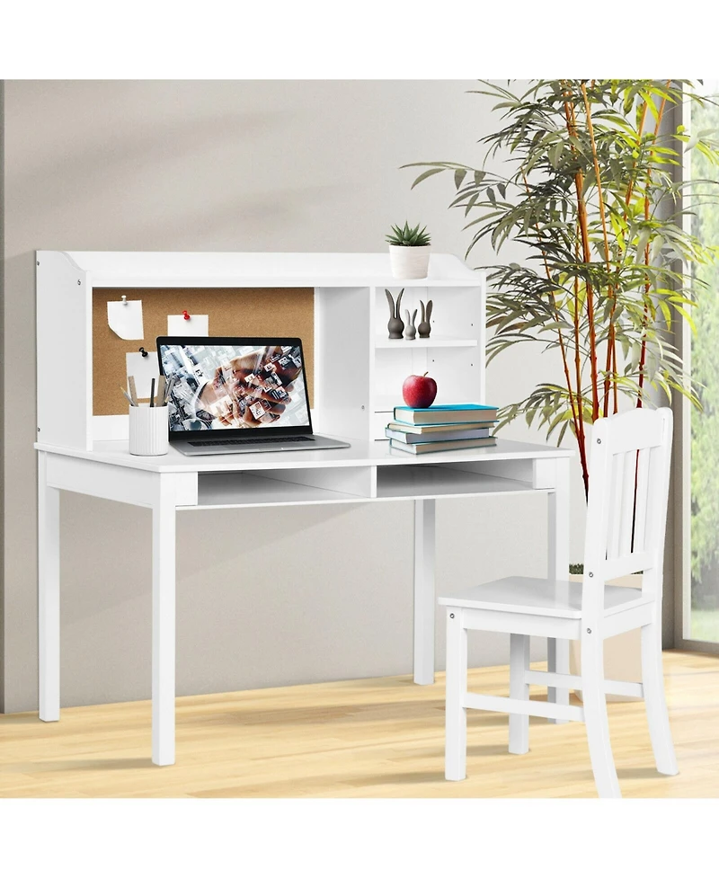 Kids Desk and Chair Set Study Writing Desk with Hutch and Bookshelves-White