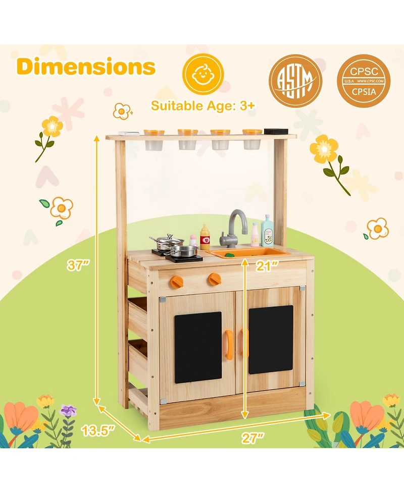 Kids Mud Kitchen Fir Wood Playset with Planting Pots and Blackboards