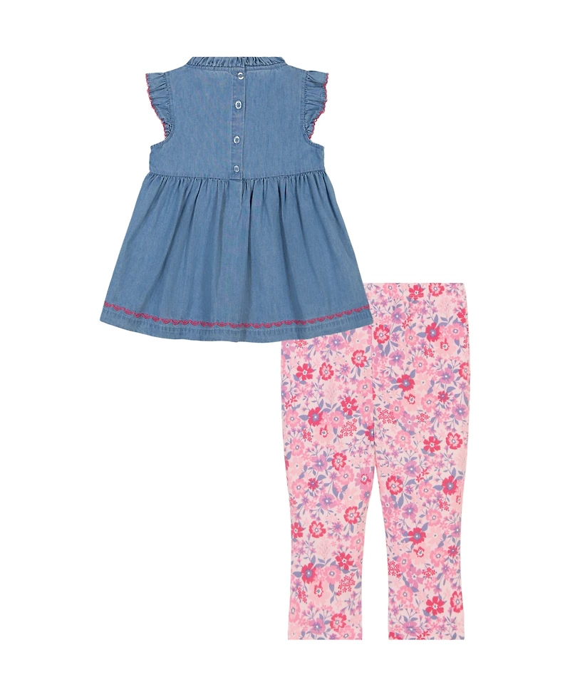 Kids Headquarters Toddler and Little Girls 2-Piece Embroidered Trim Chambray Tunic Top and Floral Capri Leggings Set