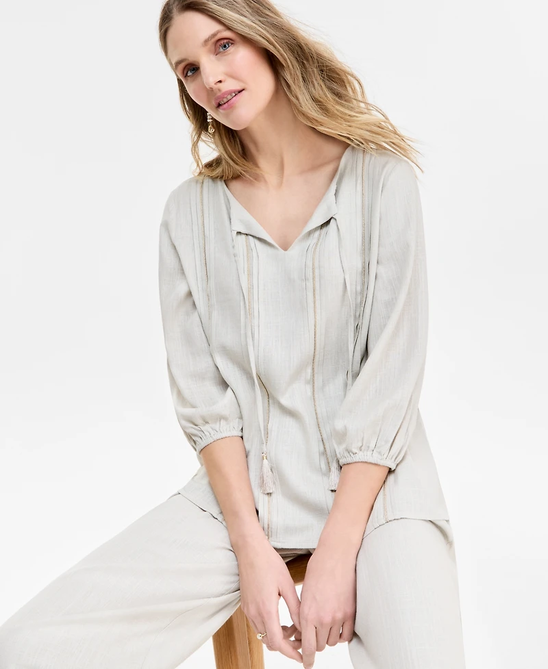 Jm Collection Women's Linen Blend Embroidered Pintuck Top, Exclusively at Macy's