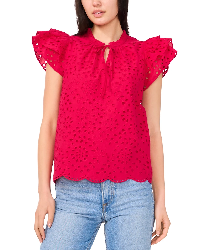 1.State Women's Eyelet Flutter-Sleeve Top