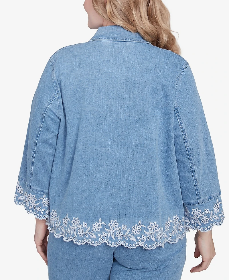 Alfred Dunner Plus Size Flower Power Denim Floral Embroidered Jacket