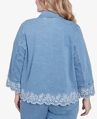 Alfred Dunner Plus Size Flower Power Denim Floral Embroidered Jacket