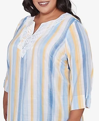 Alfred Dunner Plus Size Flower Power Striped Flower Detail Button Front Top