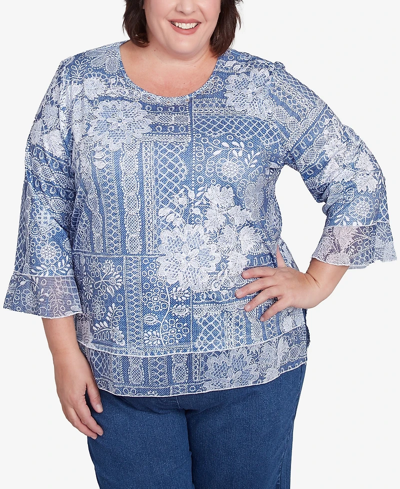 Alfred Dunner Plus Flower Power Lacey Floral Patchwork Crew Neck Top