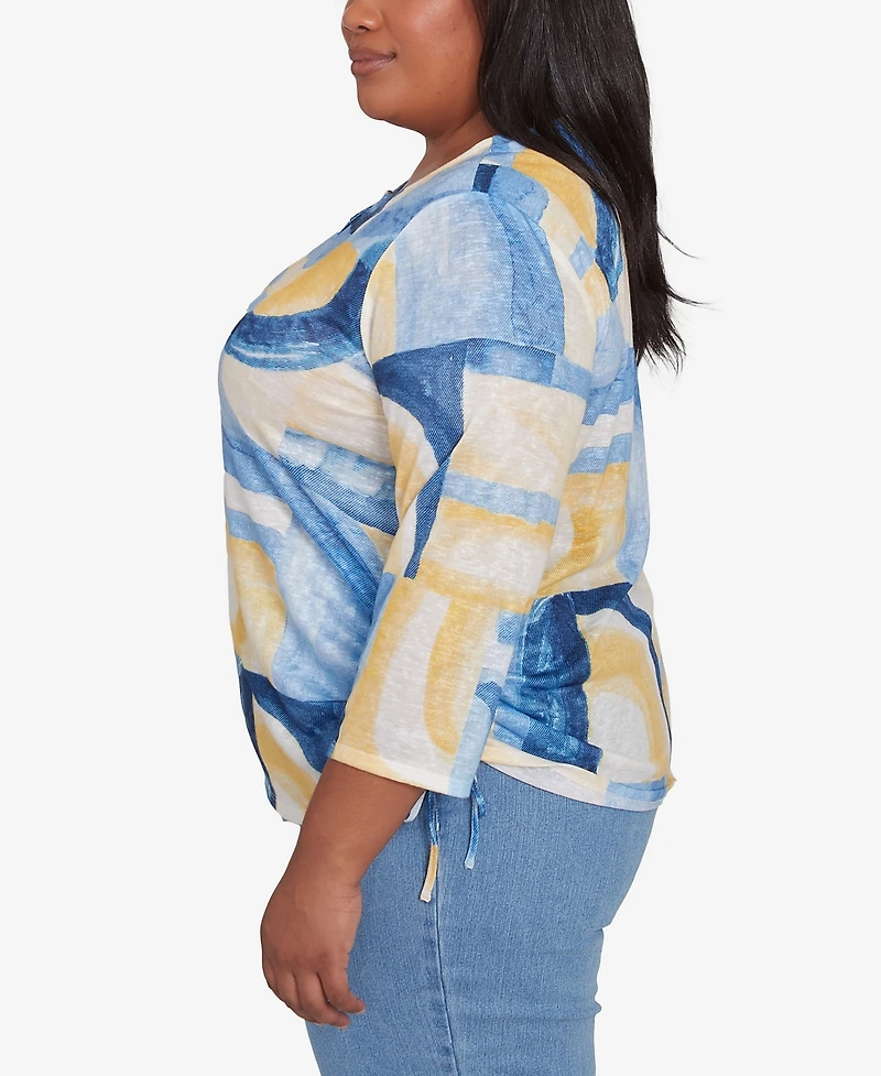 Alfred Dunner Plus Flower Power Watercolor Patchwork Geometric Keyhole Neck Top