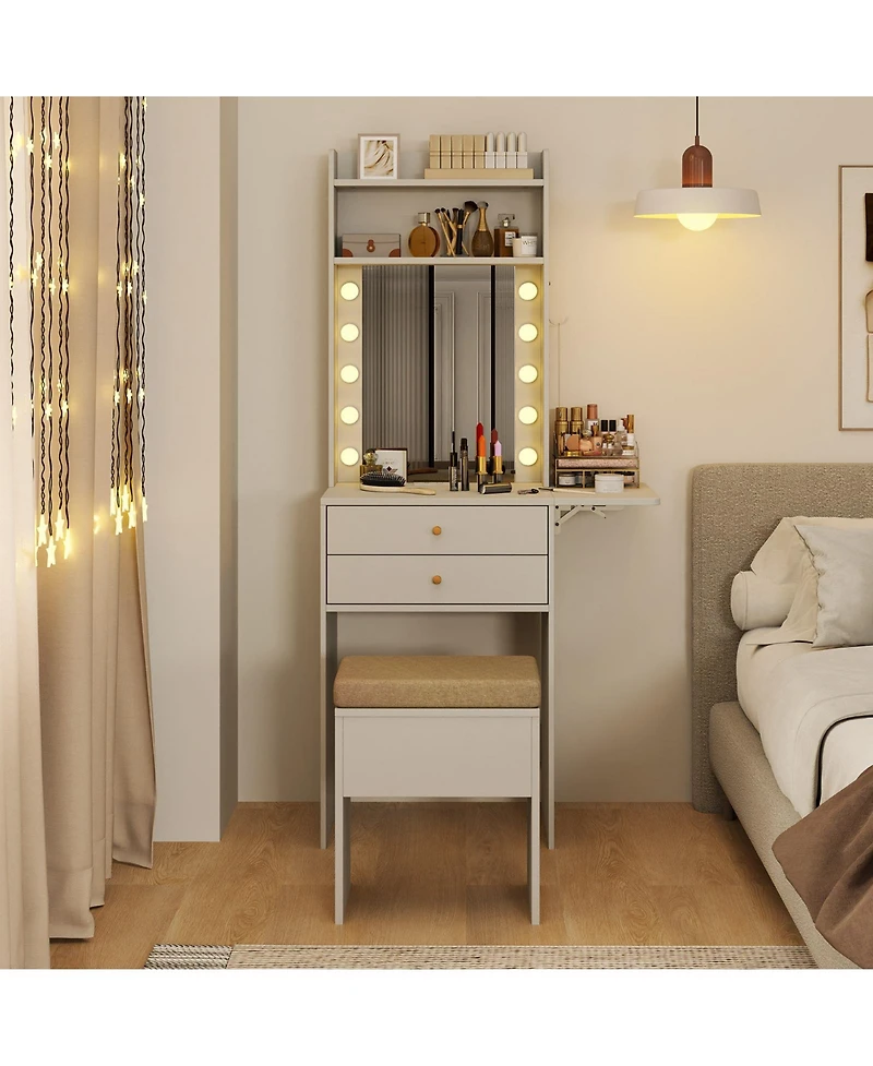 Compact Vanity Desk with 3-Color Lighted Mirror and Built-In Power Outlets