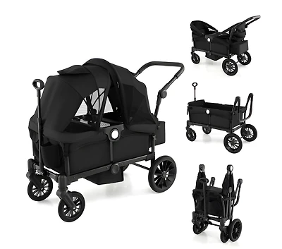 Slickblue Kids 2-Seater Collapsible Wagon Stroller with Push Pull Handle and Adjustable Bar