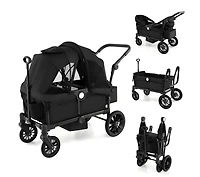 Slickblue Kids 2-Seater Collapsible Wagon Stroller with Push Pull Handle and Adjustable Bar