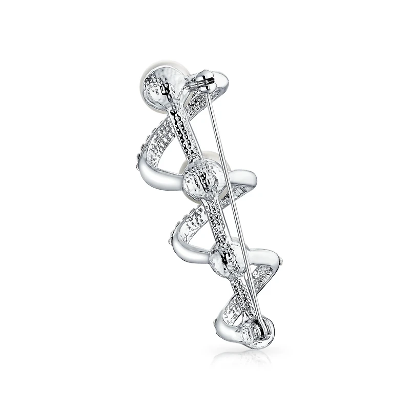 Bling Jewelry Crystal Spiral White Pearl Scarf Brooch Pin Silver Plated