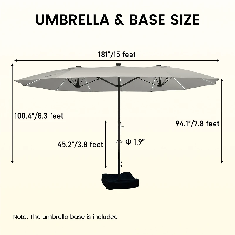 15 ft Patio Umbrellas with Solar Lights 12 Led Strip Umbrella Rib, Double-Sided Market Base Included, Grey