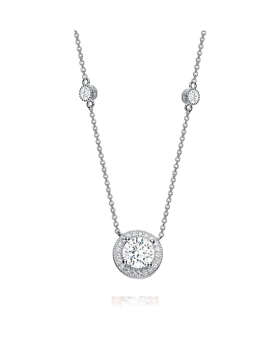 Sterling Silver White Gold Plated with Clear Round Cubic Zirconia Solitaire Necklace