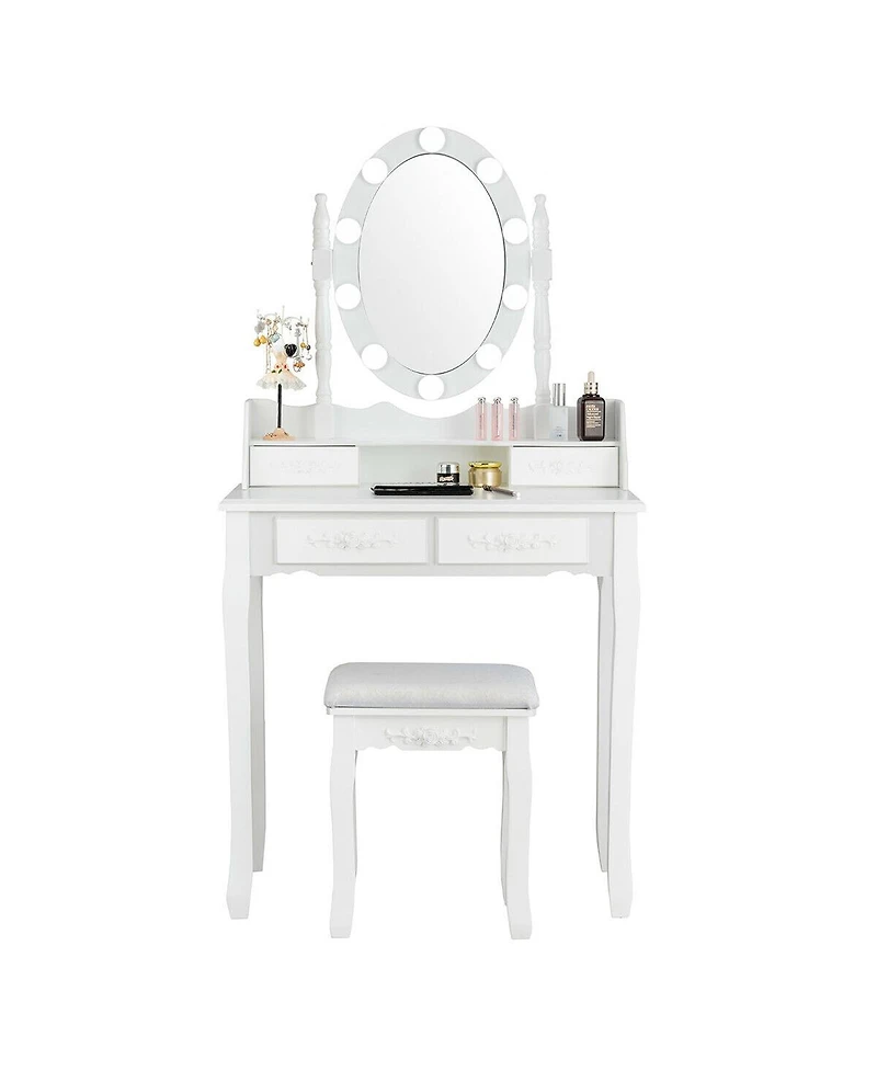Makeup Dressing Table with Touch Switch Lighted Mirror and Cushioned Stool