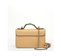 Susu Women s Beige Studded Crossbody Bag Designer Leather Shoulder Purse with Chain Strap and Top Handle, Statement Handbag with Silver Embellishments