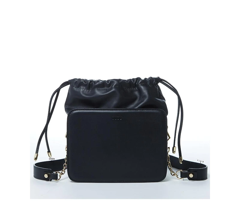 Susu Black Leather Bucket Bag Medium Size Purse for Women with Drawstring Closure
