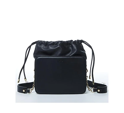 Susu Black Leather Bucket Bag Medium Size Purse for Women with Drawstring Closure