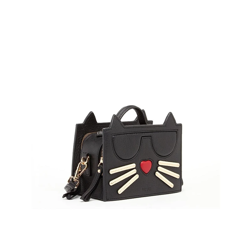 Susu Leather Cat Bag Black Crossbody Purse Women's Handbag with Top Handle and Adjustable Strap