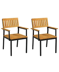 Dining Chair Set of 2 with Acacia Wood Backrest Slanted Seat Comfortable Armrests