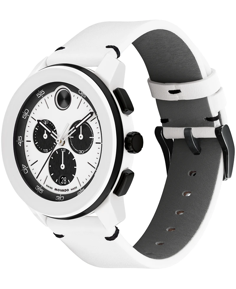 Movado Men's Bold Tr90 Swiss Quartz Chrono White Leather Watch, 43.5mm