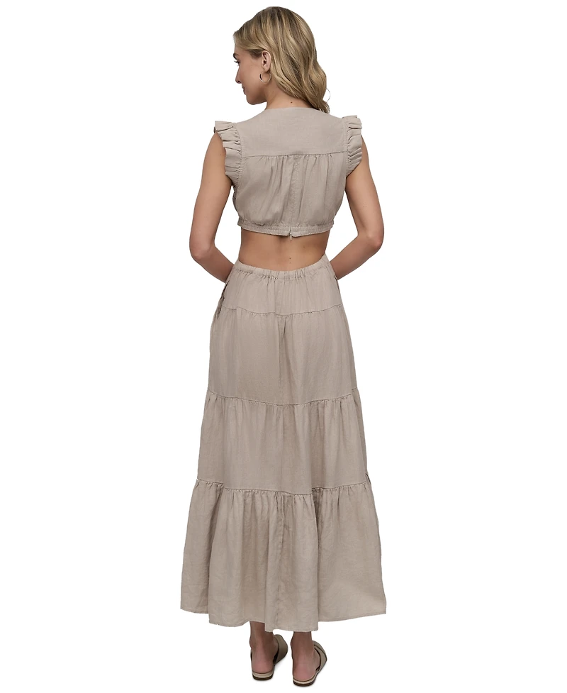 Dkny Jeans Women's Linen-Blend Tiered V-Neck Cutout Dress - Pbl