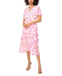 Vince Camuto Women's Smocked Waist V-Neck Tiered Midi Dress