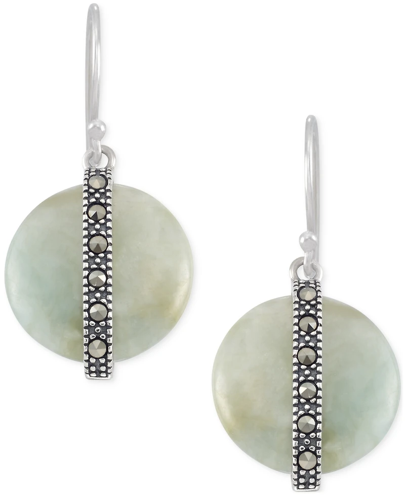 Jade & Marcasite Vertical Bar Circle Drop Earrings in Sterling Silver