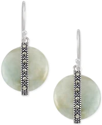 Jade & Marcasite Vertical Bar Circle Drop Earrings in Sterling Silver