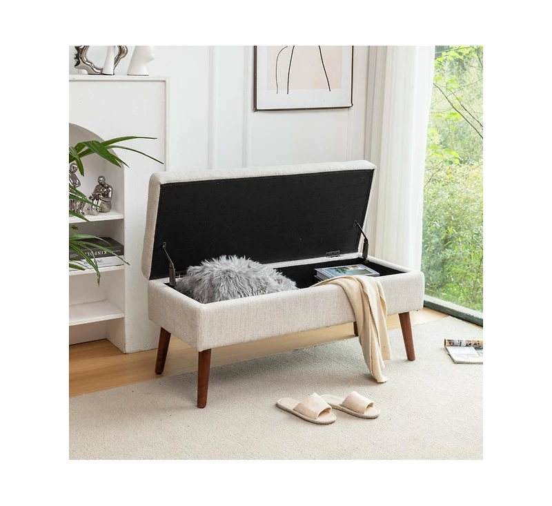 Tufted Storage Ottoman Bench for Bedroom or Entryway, Linen Storage Bench with Solid Wood Legs-The Pop Home