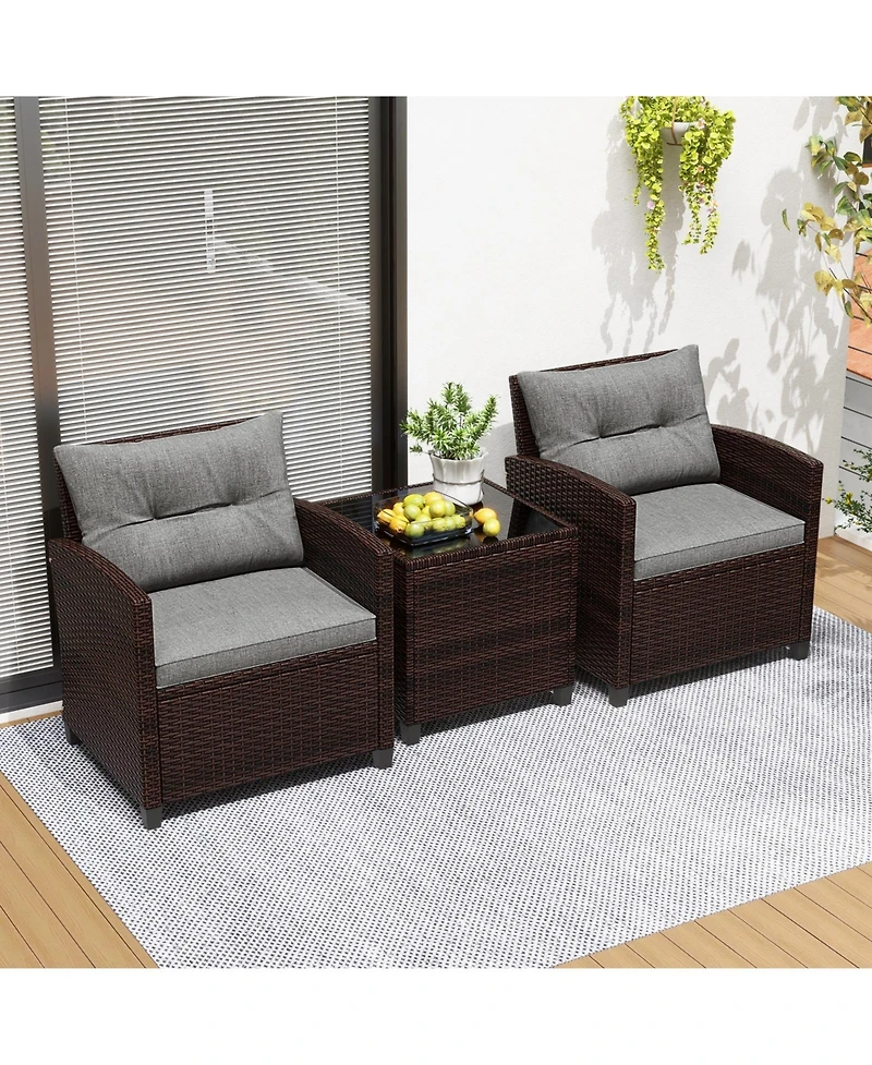 3 Pieces Rattan Patio Furniture Set with Washable Cushion