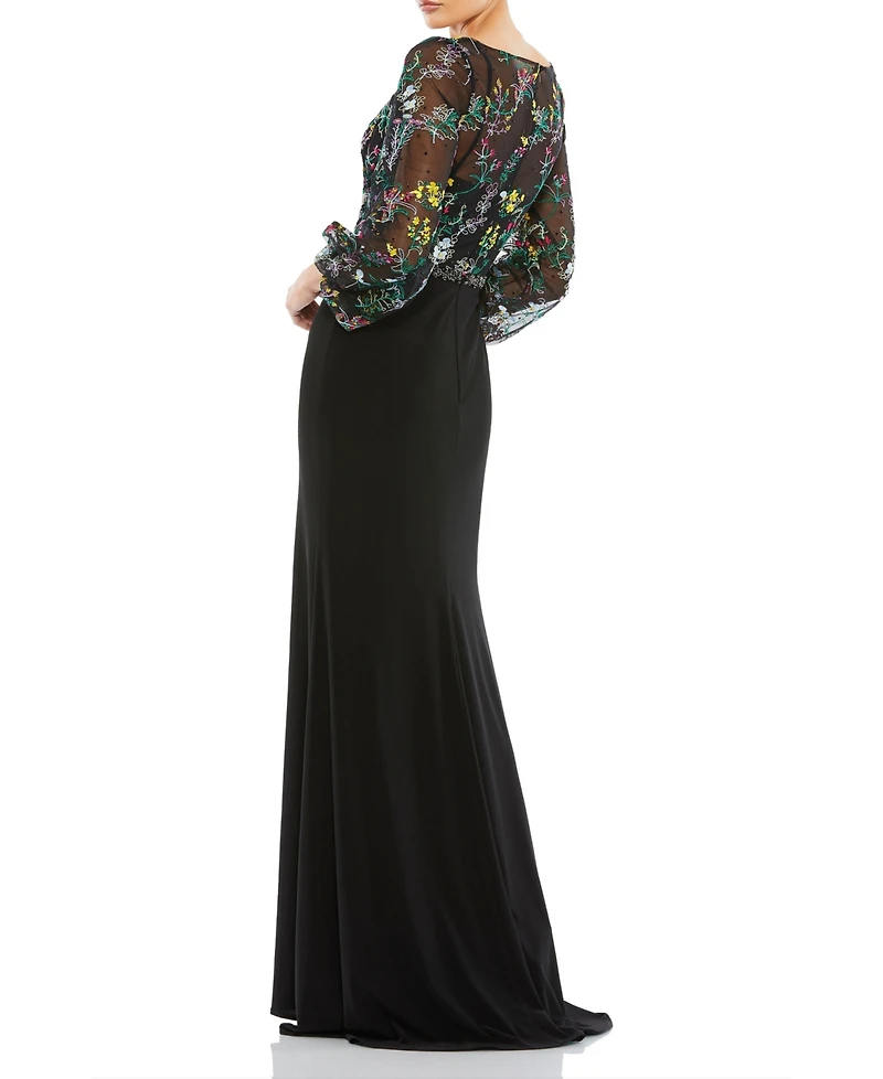 Mac Duggal Women's Embroidered Illusion Puff Sleeve Column Gown