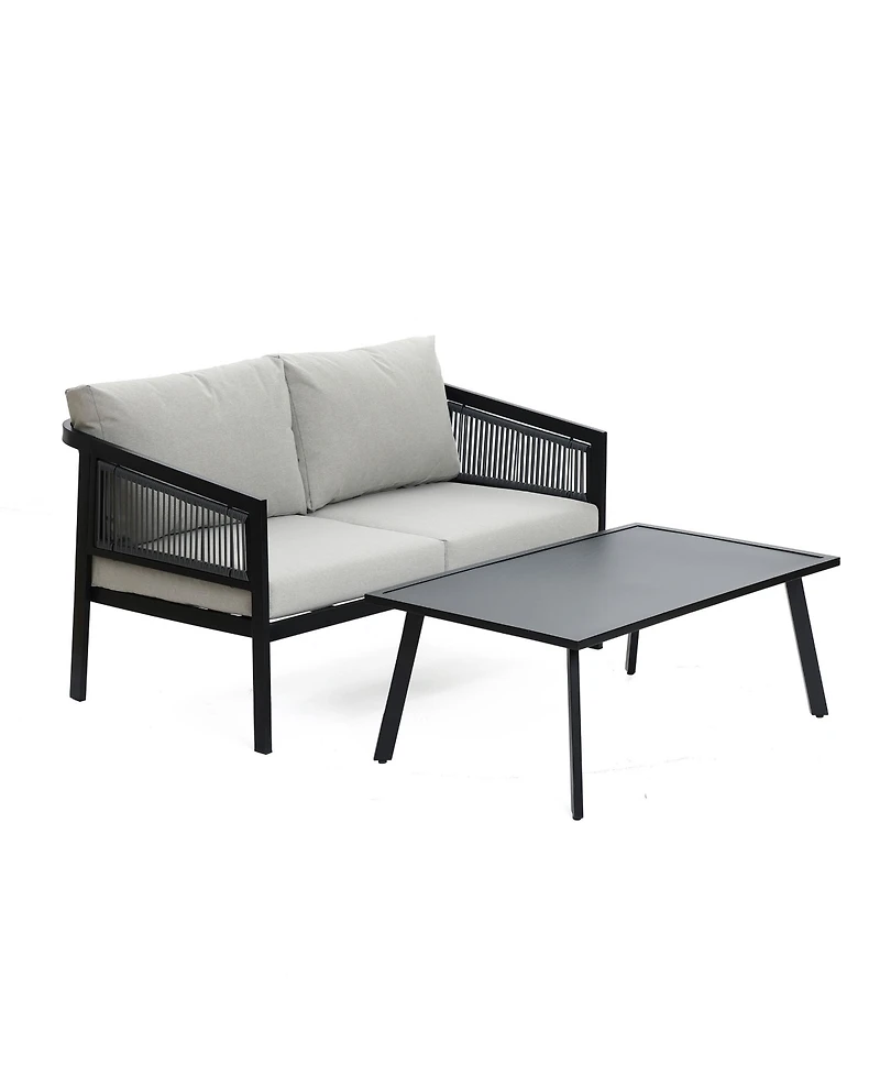 LuxenHome Outdoor Black Steel with Pe Rope Loveseat with Cushions and Coffee Table Set