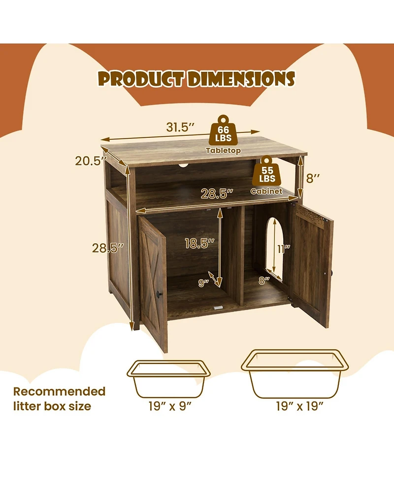Cat Litter Box Enclosure with Double Barn Doors, Divider, Side Entry & Storage Shelf Stylish & Functional