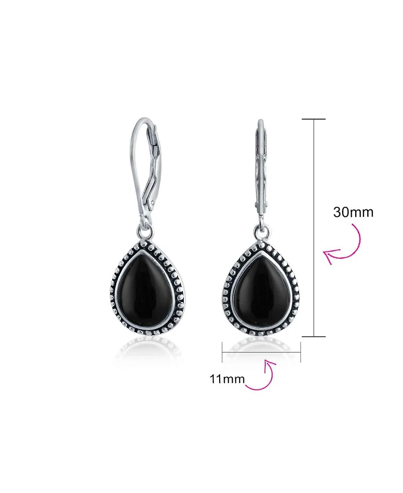 Bling Jewelry Boho Western Style Milgrain Setting Natural Lapis Turquoise Jade Onyx Quartz Pear Shaped Teardrop Dangle Drop Earrings Oxidized .925 Ste