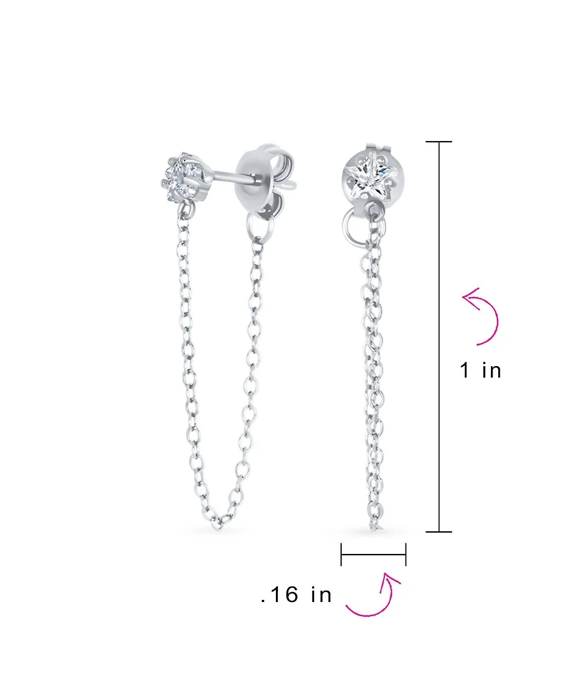 Bling Jewelry Minimalist 4MM Star Cz Stud Earrings with Delicate Chain 14K Gold or Silver