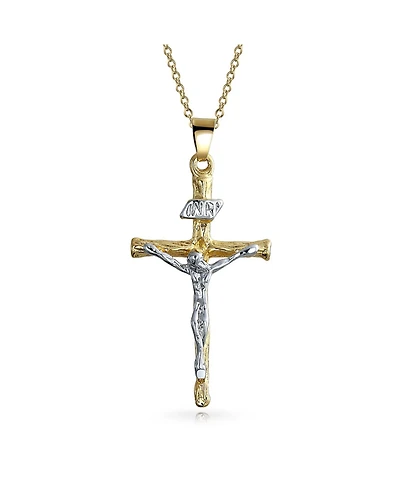 Bling Jewelry Jesus Inri Crucifix Cross Pendant Necklace Two Tone 18K Gold Plated