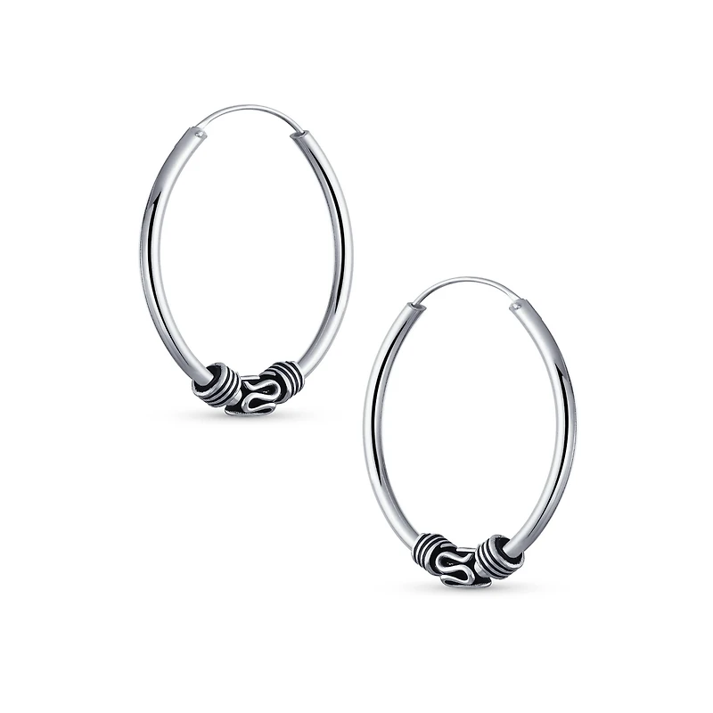 Bling Jewelry Bali Tribal Swirl Hoop Huggie Earrings Oxidized Sterling Silver Multiple Sizes
