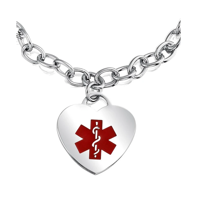 Bling Jewelry Link Chain Red Medical Id Bracelet with Heart Tag Silver Tone 7-7.5 Inch