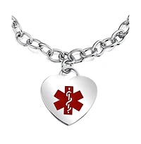 Bling Jewelry Link Chain Red Medical Id Bracelet with Heart Tag Silver Tone 7-7.5 Inch