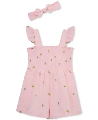 Little Me Baby Girls Woven Cotton Floral Schiffli Romper & Headband, 2 Piece Set