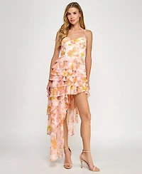 Seni & Cade Juniors' Floral Asymmetric Ruffle Dress