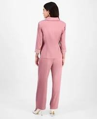 Alex Evenings Petite Notched Collar Button Front Blouse Straight Leg Pants