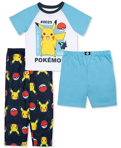Pokemon Little & Big Boys Short-Sleeve Pajama Top, Shorts & Pants, 3 Piece Set