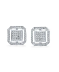 Bling Jewelry Geometric Cz Stud Earrings: Flat Square Box Frame, 14K Gold, Sterling Silver, 12MM