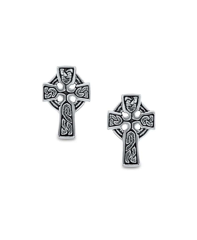 Bling Jewelry Religious Celtic Knot Cross Stud Earrings in Oxidized Sterling Silver