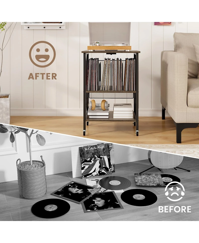 Mid-Century Record Player Stand with Built-in Charging Station