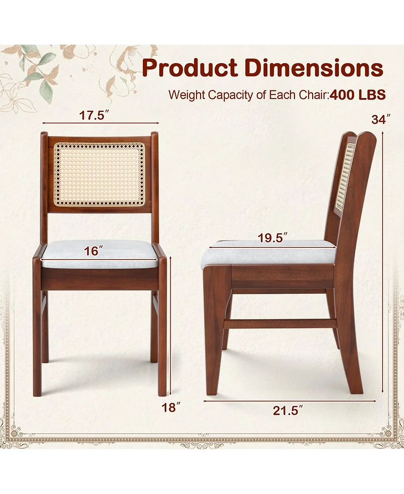 Wooden Kitchen Chairs with Cane Back Rubber Wood Frame and Padded Seat